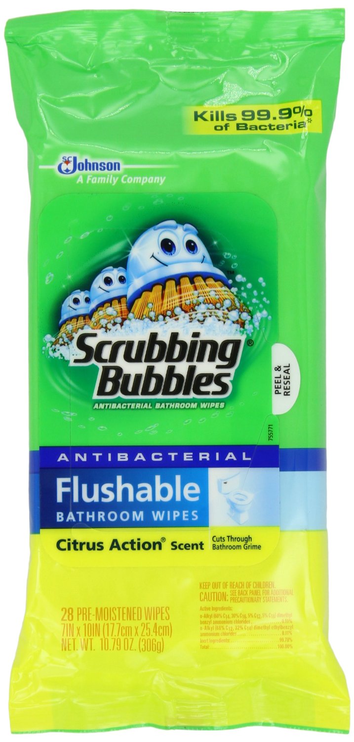 Scrubbing Bubbles 70614 Antibacterial Flushable Bathroom Wipe, 28-Count